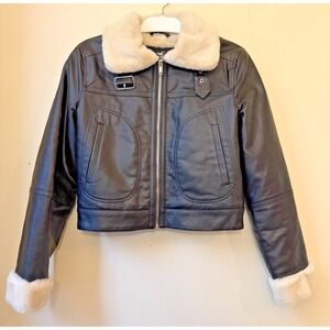 Hollister Women's XS‎ EUC Faux Leather Shearling Biker Jacket Black White